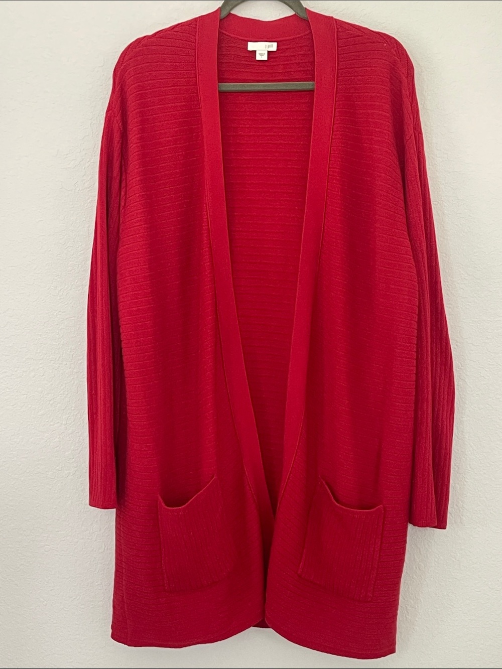 J.Jill  Red  Long Open Front Cardigan Sweater Ribbed Knit Pocket Women’s Size L